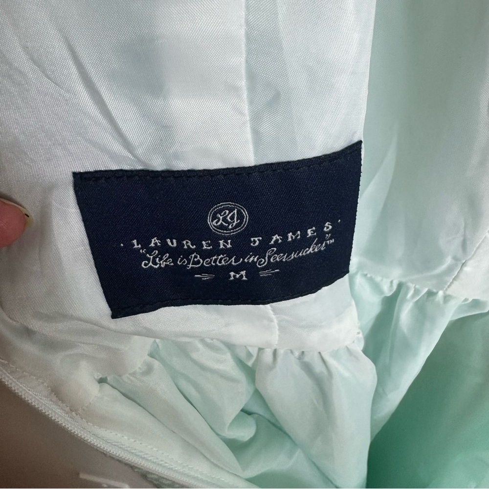 Lauren James Seersucker Dress Green & White Stripe Size Medium Preppy Spring - Picture 4 of 8